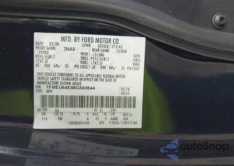 2008 Ford Explorer Eddie Bauer from USA, damaged, VIN 1FMEU64E88UA93644